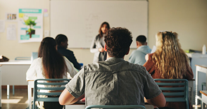 Classroom, education and listening with back of students at college for development or learning. Attention, lecture and lesson with people at university for academics, curriculum or scholarship