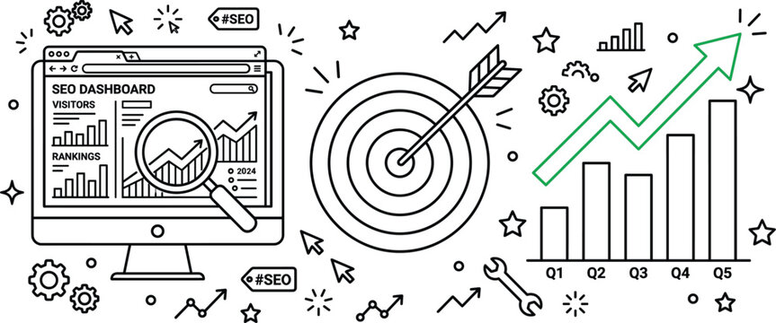 SEO optimization line icons banner featuring dashboard monitor target arrow and financial quarterly growth bar chart success metrics