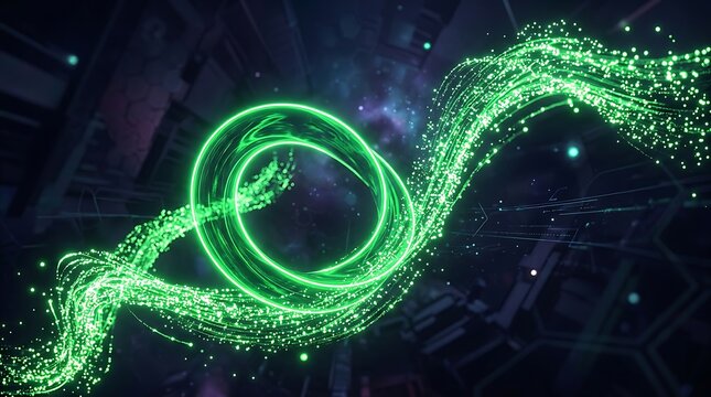 Abstract green neon light loop in dark cosmic space with glowing particles and futuristic glow