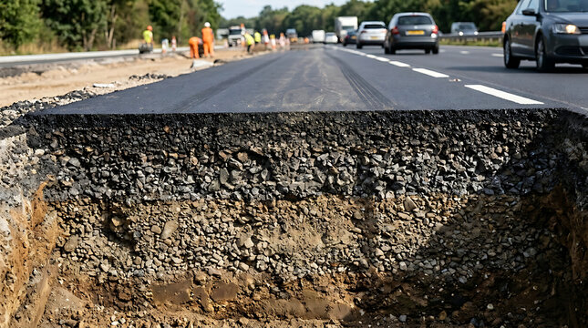 Cross section of asphalt road layers showing gravel and soil structure during highway construction maintenance work