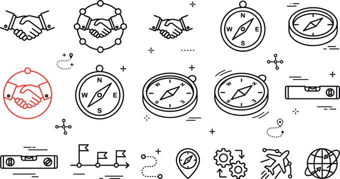 Business partnership and strategic guidance line icons set featuring handshakes compasses spirit levels route flags globe airplane elements