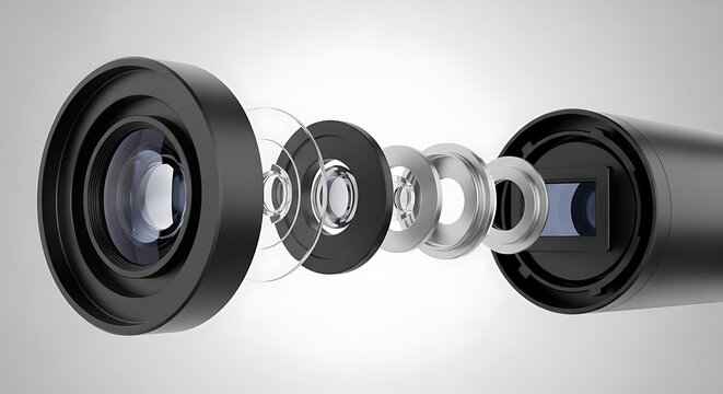 Exploded view of a camera lens showing internal optical components and sensor, technology concept