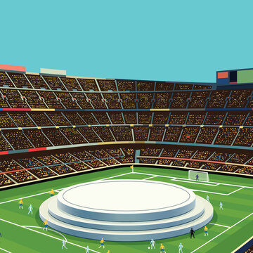 Blank round podium for placed product presentation at the middle of soccer stadium with full of fans in match day square template