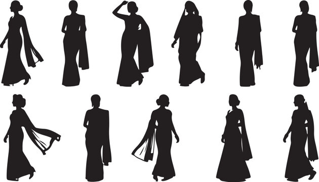 Indian Sari Silhouettes: A collection of diverse silhouettes showcasing women adorned in traditional Indian saris, displaying various elegant draping styles and poses.