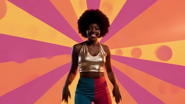 Energetic Black Woman Dancing Disco Style with Afro Hair.