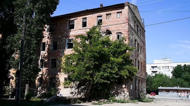 Facade of the old dilapidated house