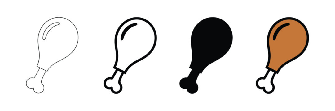Chicken drumstick icons displaying simple poultry meat symbols with transparent background for food packaging, menu design, and cooking applications. Vector illustration.