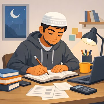 Muslim Teenager Studying for University Entrance Exam &ndash; Motivational Islamic Education Illustration for Students