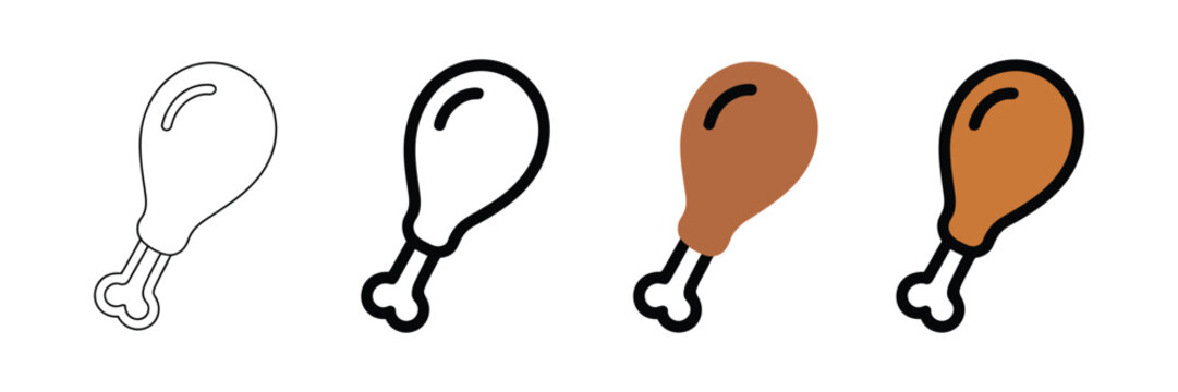 Chicken drumstick icons featuring minimalist poultry food symbols for restaurant menus, fast food branding, and meal ingredient graphics. Vector illustration.