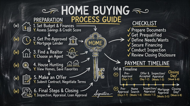 A detailed infographic illustrating the home buying process on a chalkboard. It outlines steps from preparation and finding a realtor to making an offer and closing.