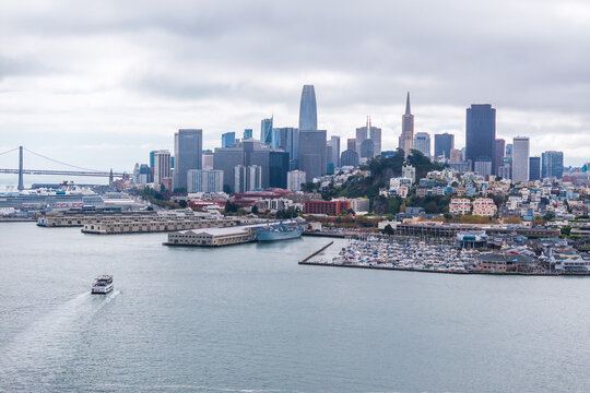 Aerial view of the skyline and Fisherman's Wharf in San Francisco, California.