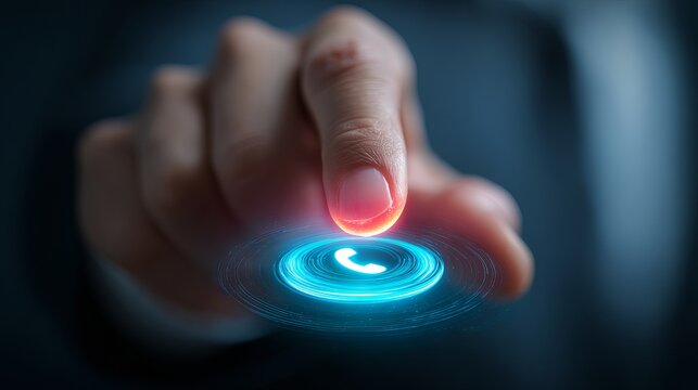 A person's finger about to press a glowing blue button with a phone icon