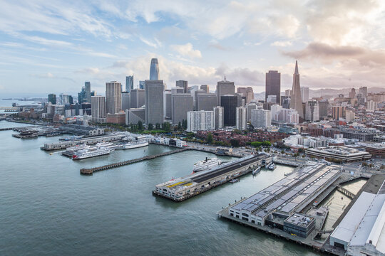 Aerial view of the skyline and Fisherman's Wharf in San Francisco, California.