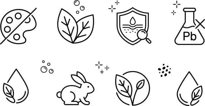 Cosmetic organic line icons set featuring cruelty free rabbit lead free dye free natural skin protection vegan elements