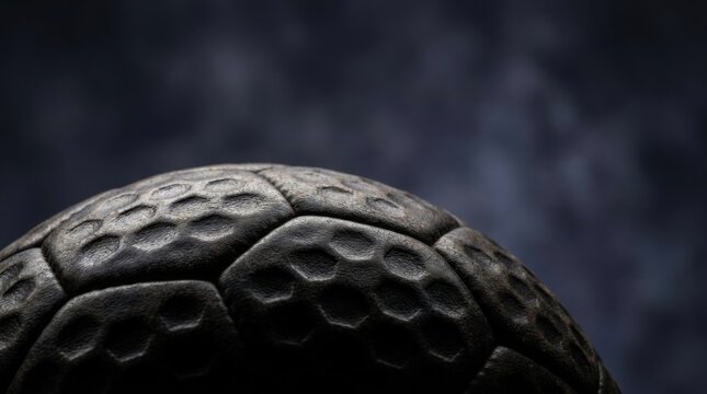Close-up macro photograph of a dark textured vintage leather ball showing hexagonal dimples and stitched seams against a dark moody background with atmospheric bokeh lighting.