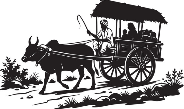 Vintage ox cart, traditional rural transportation, black and white vector, illustration