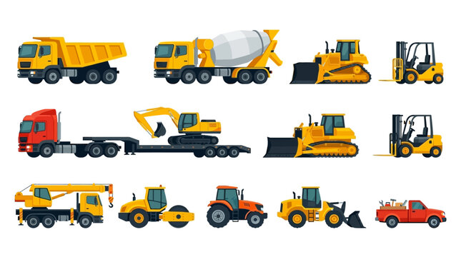 Collection of construction vehicles and heavy machinery used in building industry and roadworks