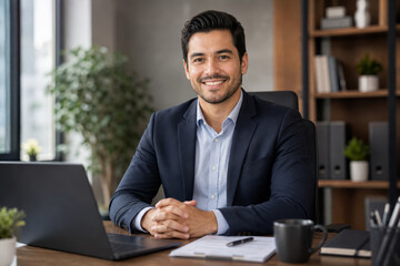 Obraz premium Smiling businessman in a suit sits at his desk with a laptop and coffee in a modern office.