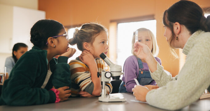 Education, science and test tube with children in classroom for development or learning. Experiment, microscope and sample with teacher speaking to student kids at school for research or study