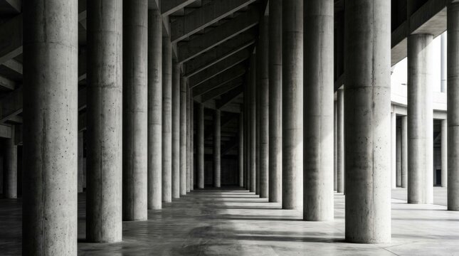 Abstract architectural view of massive cylindrical concrete support columns under a stadium bleacher structure, featuring rhythmic repetition, geometric patterns, and shadow play.