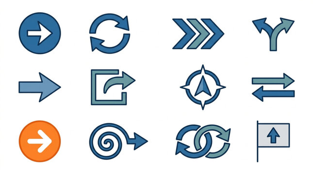 Collection of Blue and Orange Arrow Icons and Symbols.