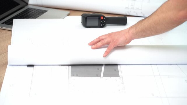 Hands roll blueprints smoothly. Thermal scanner sits on paper surface. Laptop open nearby. Architect concentrates on measurements. Perfect for construction planning content