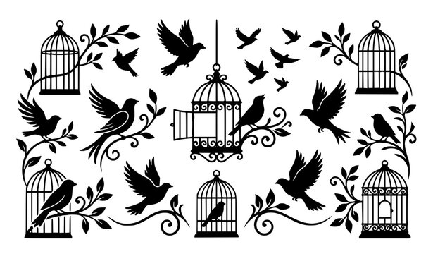 Bird and Cage Silhouette Decorative Vector Set for Nature and Wall Art