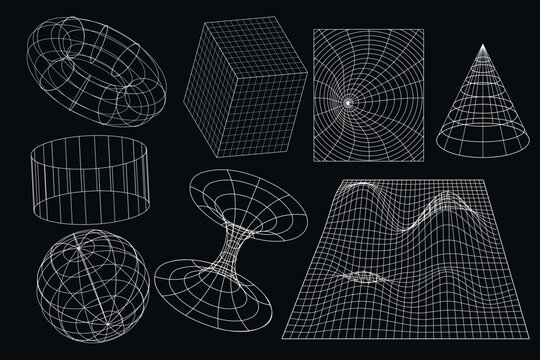collection of minimalist white 3D mesh wireframe, Y2K aesthetic, futuristic element, brutalism element.