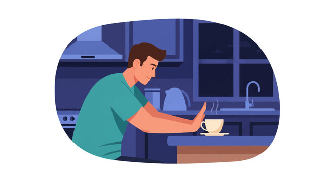 A vector illustration of a man in a dark kitchen at night refusing a hot cup of coffee or tea to improve sleep hygiene and avoid caffeine before going to bed in the evening.
