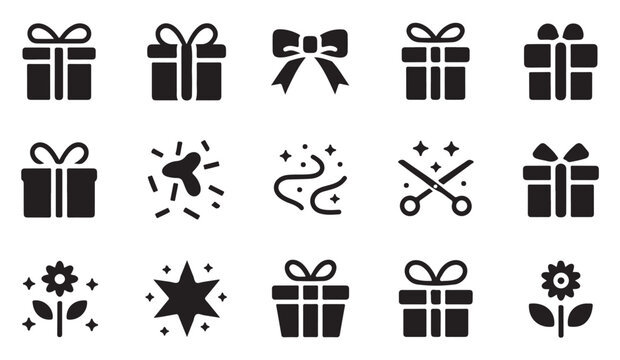 Gift and celebration icons black color, vector illustration, flat style, party and event symbols.