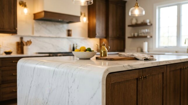 Modern kitchen interior featuring a white marble countertop with a curved waterfall edge, dark oak wood island cabinets, gold hardware, and a bowl of citrus on the surface.