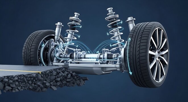 Detailed 3D render of a modern car suspension system with wheels and road surface highlighting advanced automotive engineering and mechanical innovation on a dark blue background
