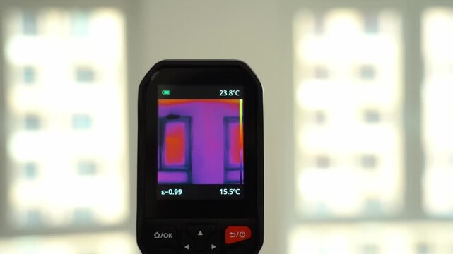 Thermal camera shows color-coded heat patterns. Temperatures like 26.2C and 18.3C appear on screen. Purple indicates cooler areas, yellow hotter spots. Person holds the device in one keyframe