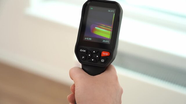 Hand holds a thermal imager showing temperature variations. Screen displays color-coded heat patterns. Background includes a window and HVAC unit. Ideal for building inspections or energy audits