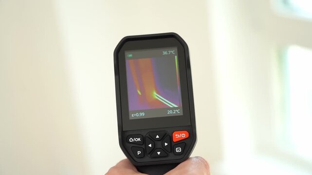 Hand holds a thermal imaging device. The screen shows color-coded temperature readings. White radiator is visible in the background. The device displays specific temperature values like 20.9C