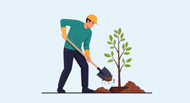 Vector illustration of a man in a yellow hard hat and gloves using a shovel to plant a young tree sapling into soil, environmental reforestation concept on a clean background.