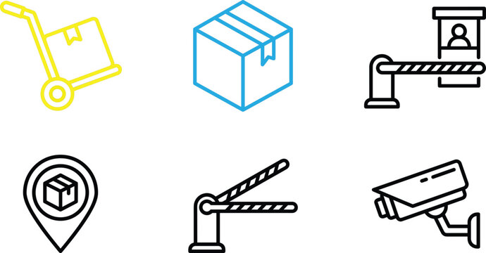 Logistics delivery line icons set with cardboard box hand truck location pin barrier gate security camera checkpoint elements