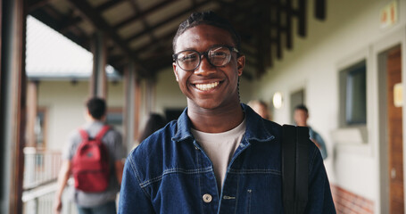 Student, man or happy in campus portrait for education course, semester start or study scholarship....
