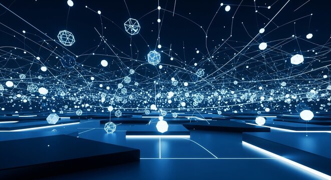 Abstract digital network connection with glowing geometric nodes in 3d