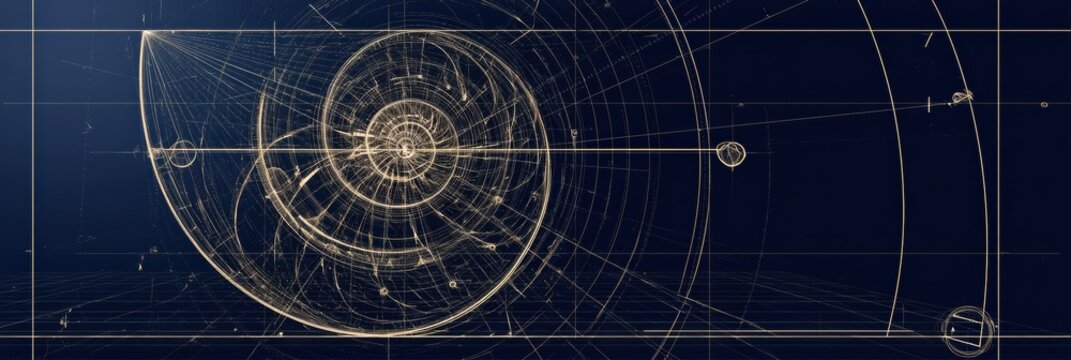 Digital art features a golden ratio spiral of fine lines on a dark navy background, emphasizing geometric shapes and details.
