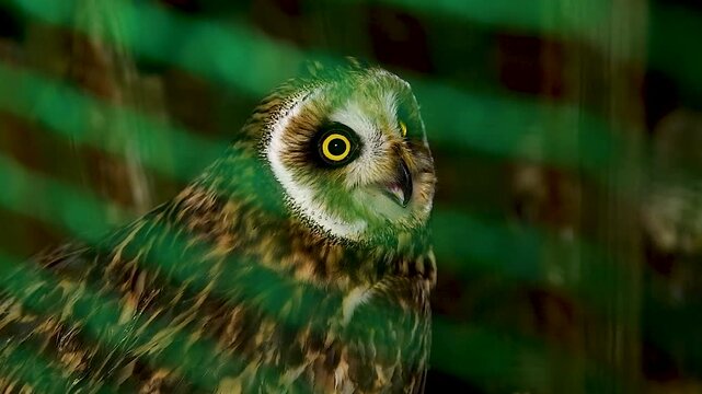 Portrait of a Short-eared owl sitting in an aviary.