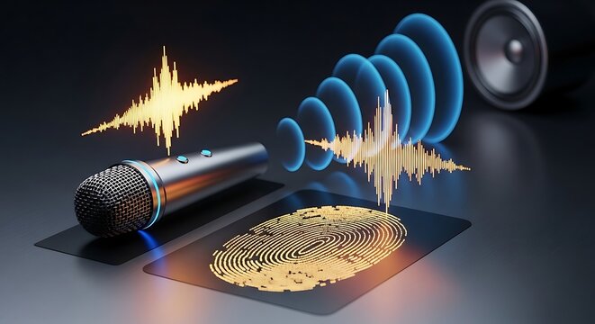 Digital audio fingerprinting technology for voice biometrics and sound analysis with microphone and speaker on dark background