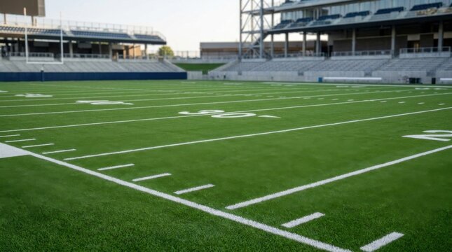 Wide angle view of an empty American football stadium featuring a vibrant green artificial turf field with white yard line markings, goalposts, and bleacher seating under daylight.