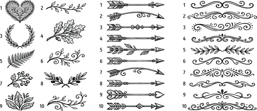 Hand Drawn Floral Ornament and Arrow Divider Vector Collection with Vignettes Page Decoration Accents and Vintage Borders