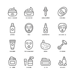 Fototapeta premium Skincare and beauty routine cosmetic procedure icon set with skincare cosmetics treatment