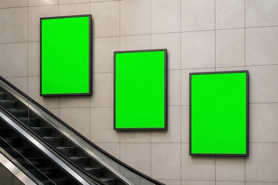 Three vertical green screen poster frames mockup in row on wall along modern escalator