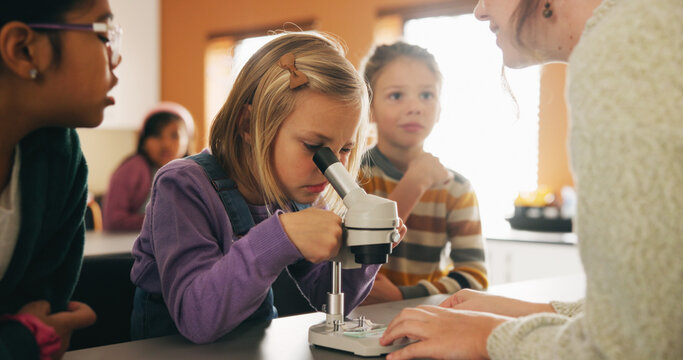 Teacher, students and kids with microscope for learning, stem education and science lesson. Teaching, girl and children in classroom for biology project, analysis and test experiment in school