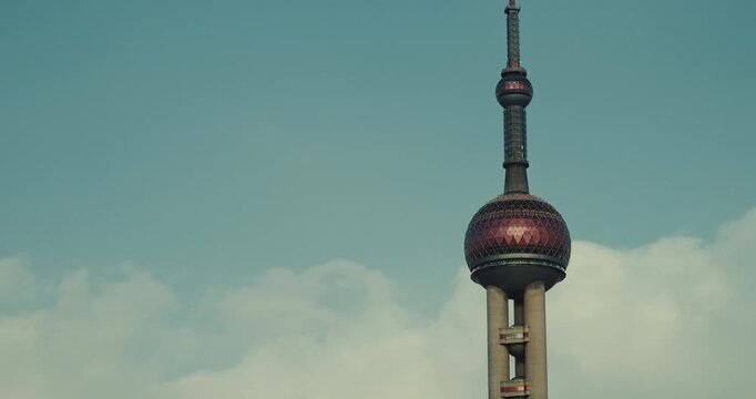 Shanghai, China. Oriental Pearl Tower rises alongside remarkable modern buildings. copy