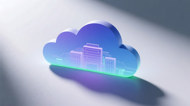 Visualizing the future of digital infrastructure this graphic illustrates modern Cloud Big Data system with city skyline, representing scalable computing on clean surface