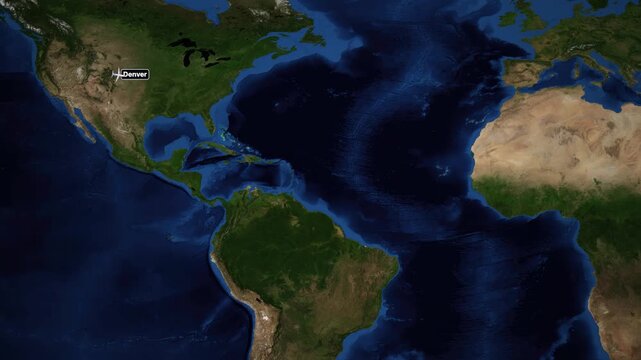 Animated Flight Route Map from Denver to Madrid Across the Atlantic Ocean